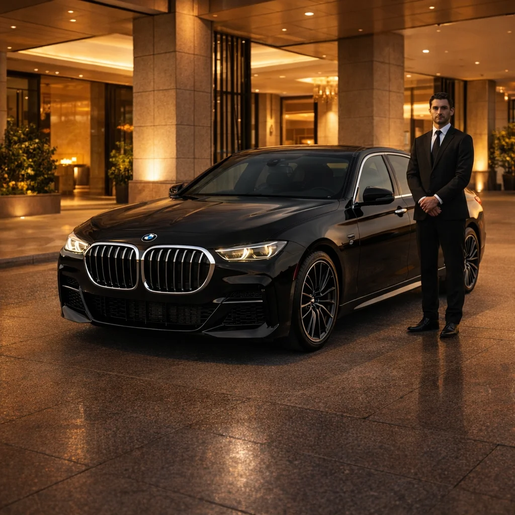 MGCLS BMW chauffeur at Calabasas hotel entrance — Calabasas car service from $120