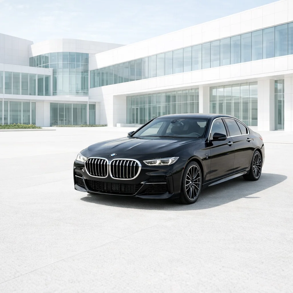 MGCLS BMW chauffeur at corporate Beverly Hills office building — Beverly Hills car service from $110