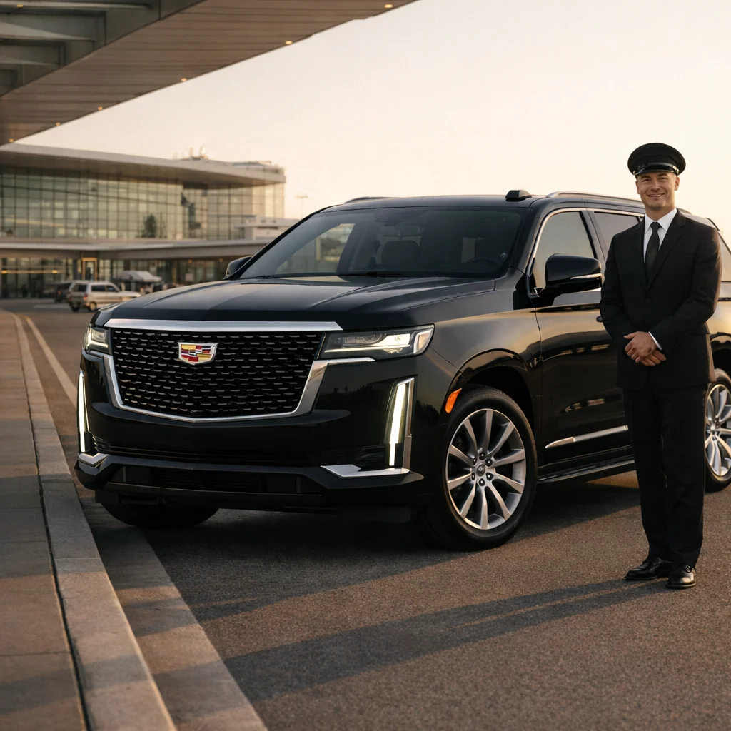 MGCLS Cadillac Escalade chauffeur at LAX terminal — Manhattan Beach car service from $75