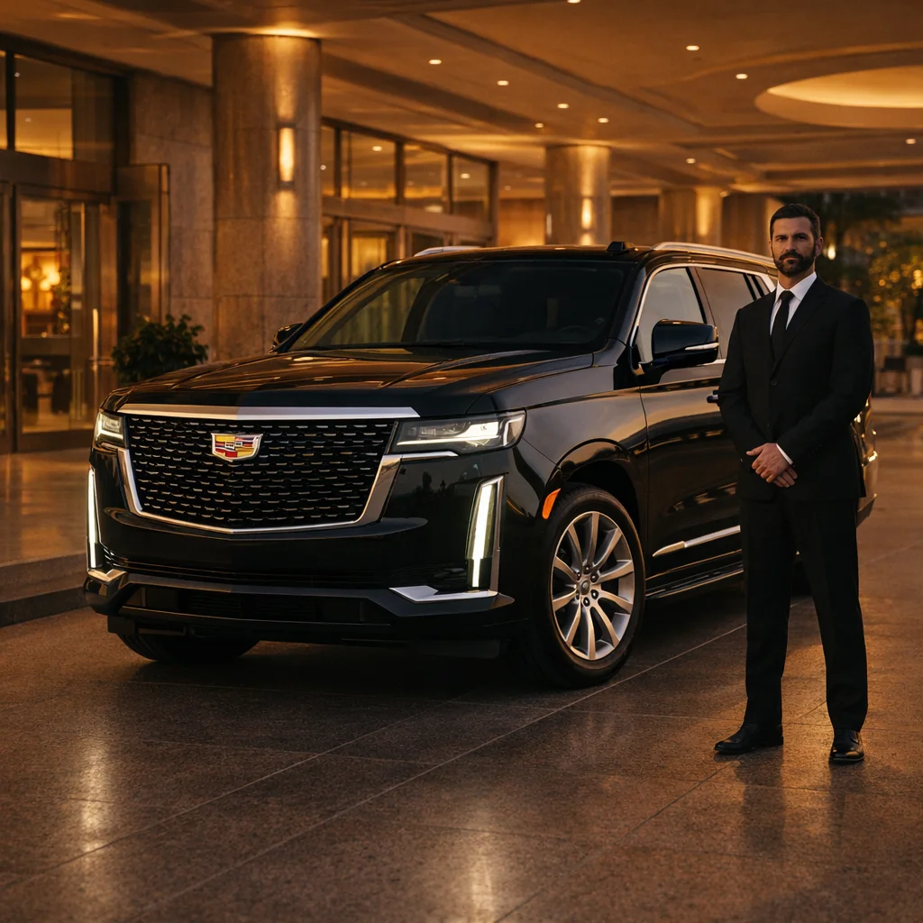 MGCLS Cadillac Escalade chauffeur at Burbank hotel entrance — Burbank car service from $115