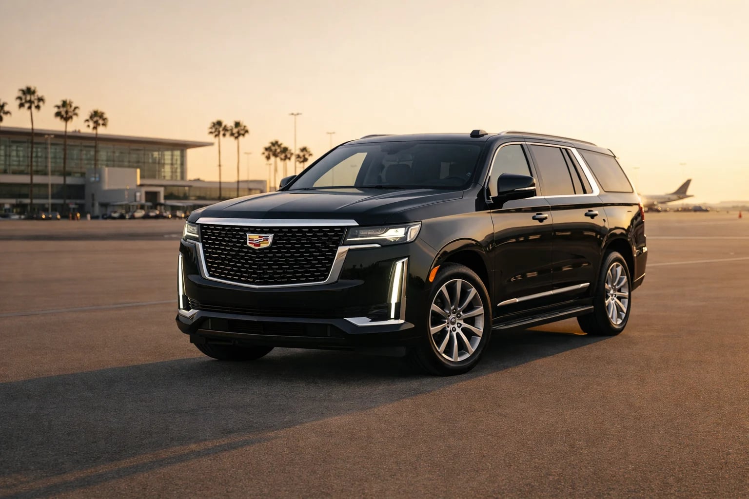 MGCLS Cadillac Escalade chauffeur at Malibu coastal sunset — Malibu car service from $130