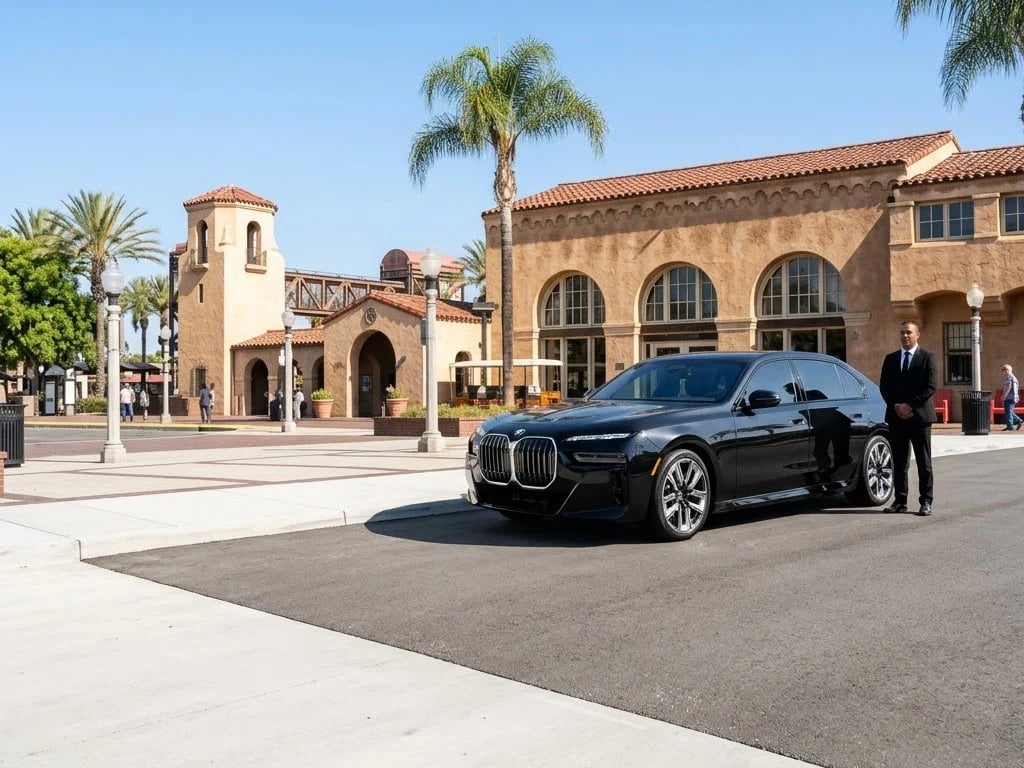 MGCLS BMW 7 Series and chauffeur at the Fullerton train station — Fullerton car service from $145