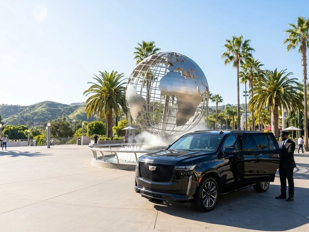 MGCLS Cadillac Escalade and chauffeur by the globe at Universal Studios Hollywood — LAX to Universal Studios car service from $115